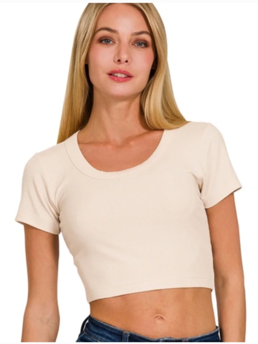 NEW Zenana Sand Beige Ribbed Scoop Neck Crop Tee S M L